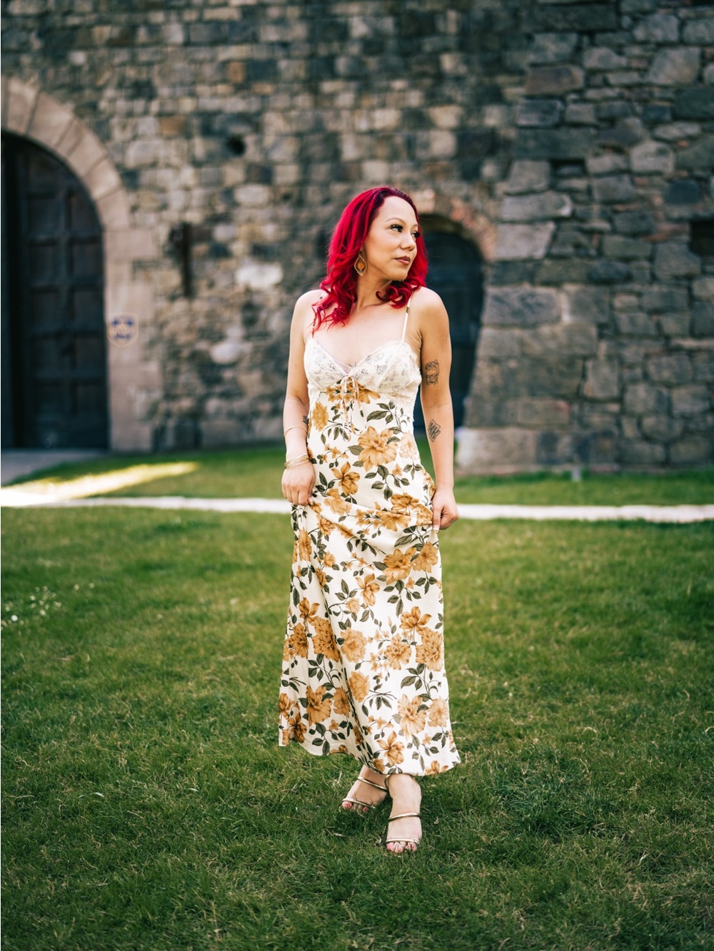 Floral Lace Trim Slip Dress - Cream with Mustard Floral